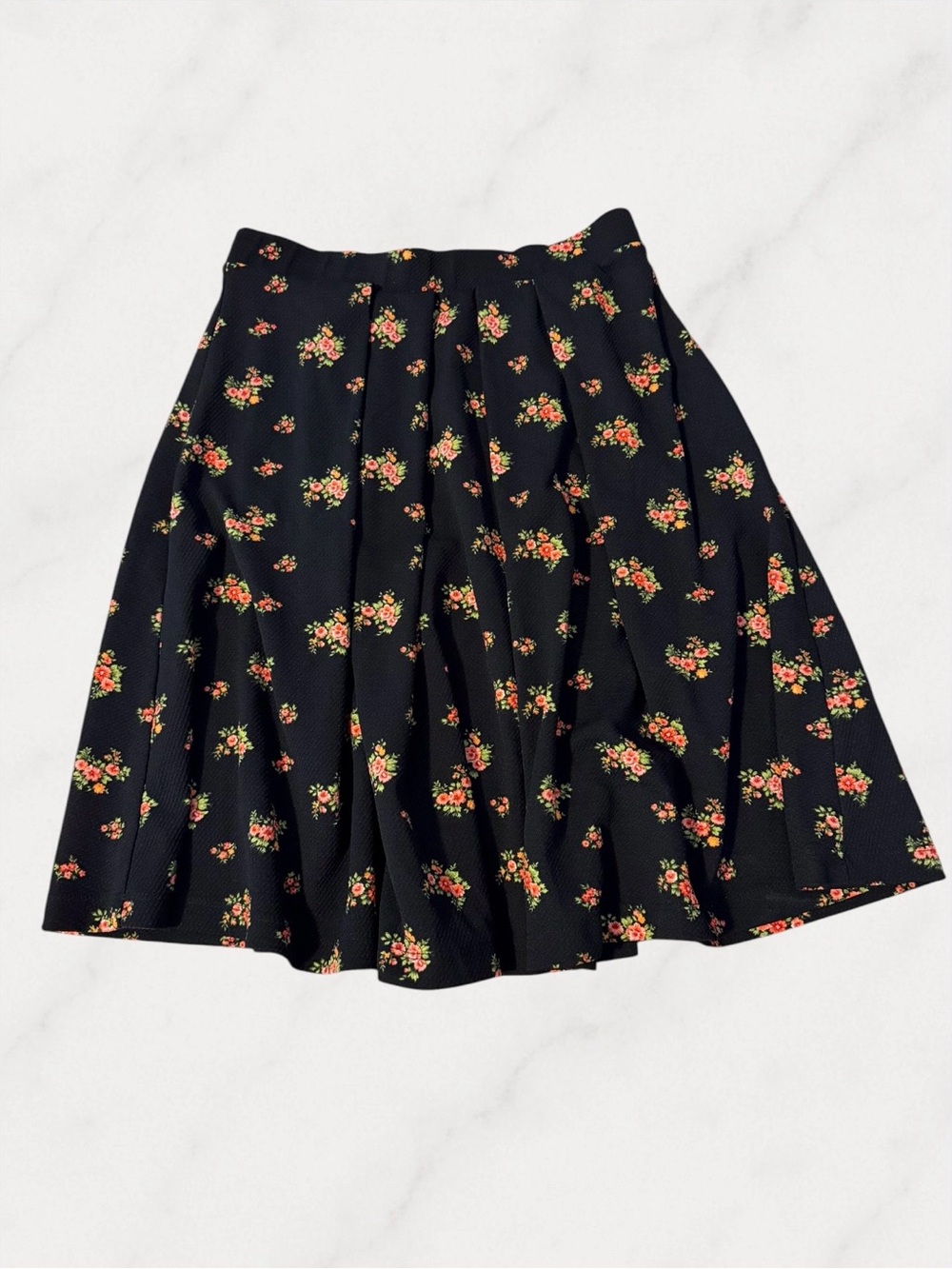 Le Lis Black Pleated Circle Skirt with Pink, Orange, & Green Floral Print